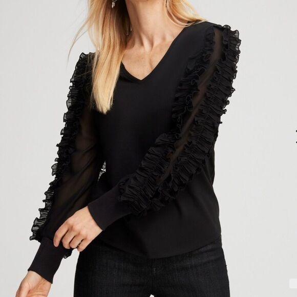 Chico’s Chiffon Pleat Sleeve Tee Black Size 3 NWT in packaging - Picture 1 of 6